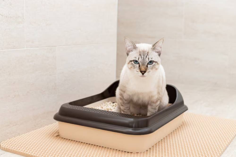 A light-colored cat with blue eyes sits in a litter box, surrounded by beige tiles and a textured mat.