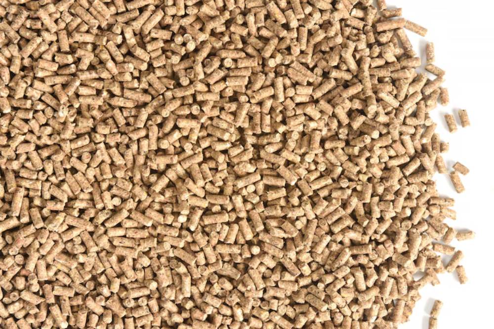 A close-up image of small, cylindrical cat litter scattered in a disorganized manner on a white background.