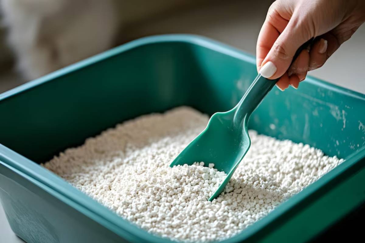 A hand holds a green scoop over a litter box filled with white granules, ready for pet care.