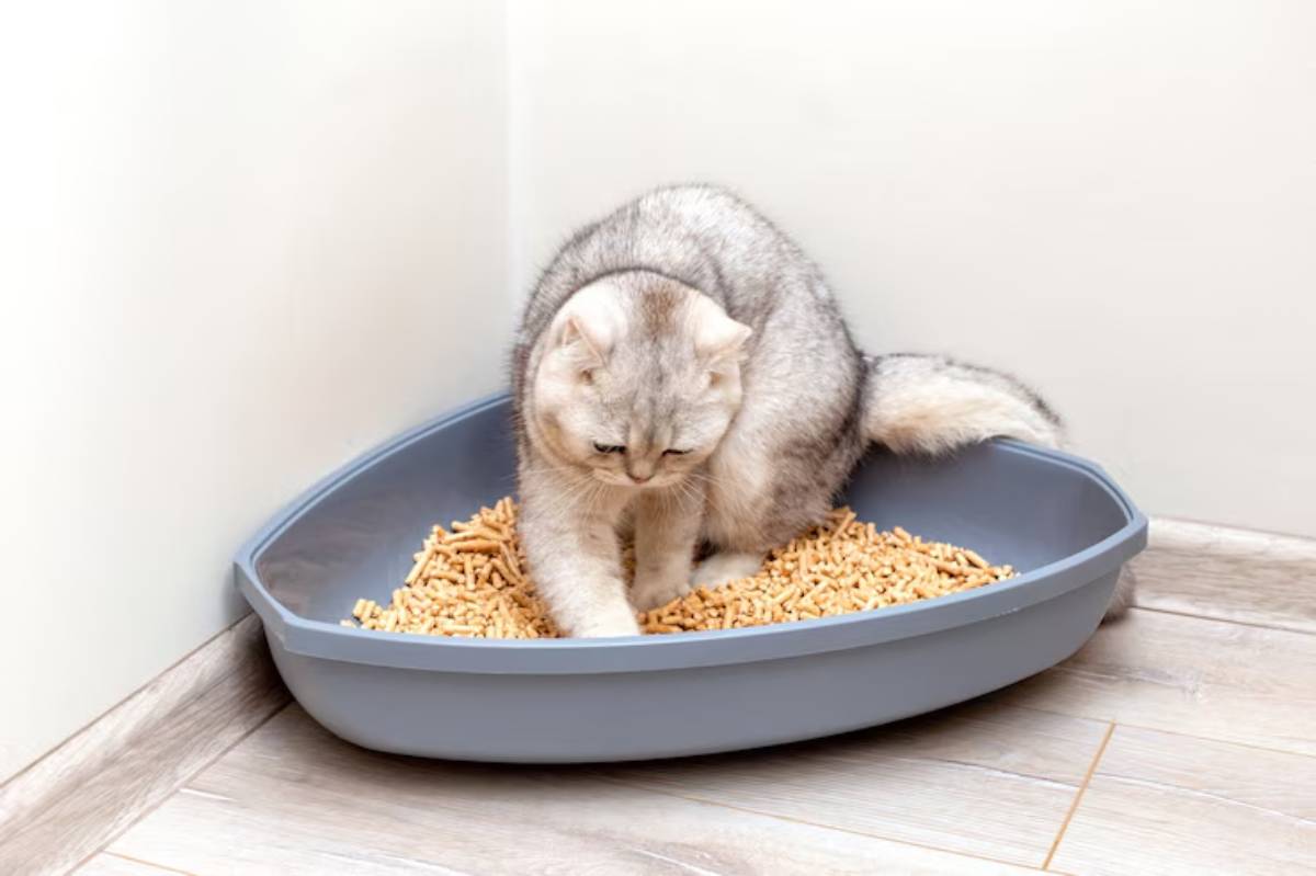 A gray tabby cat sits in a blue litter box filled with wood pellets, looking down as it paws at the litter.