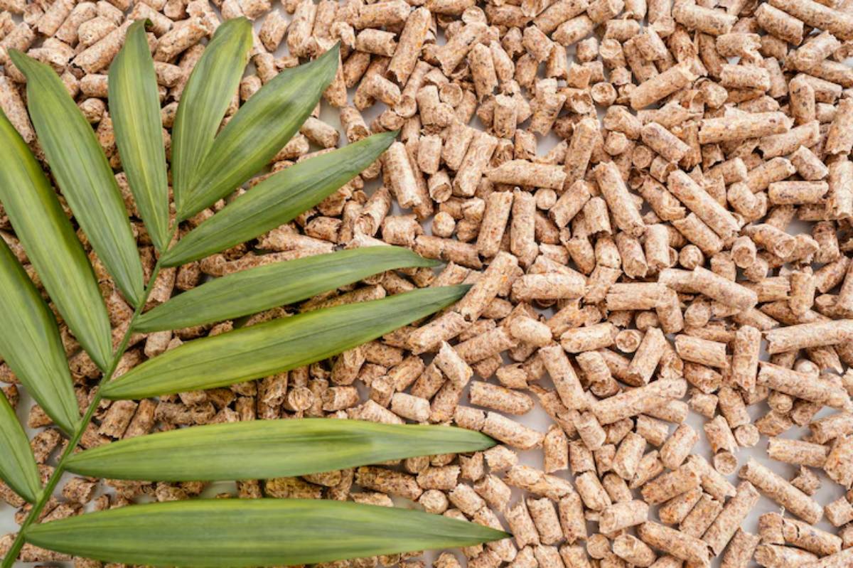 A green palm frond rests on a bed of small, cylindrical Wood-Based Litter, showcasing a natural, eco-friendly setting.