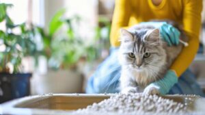 A fluffy gray cat near a litter box while a person in a yellow shirt and gloves holds it gently. Indoor plants are visible in the background.