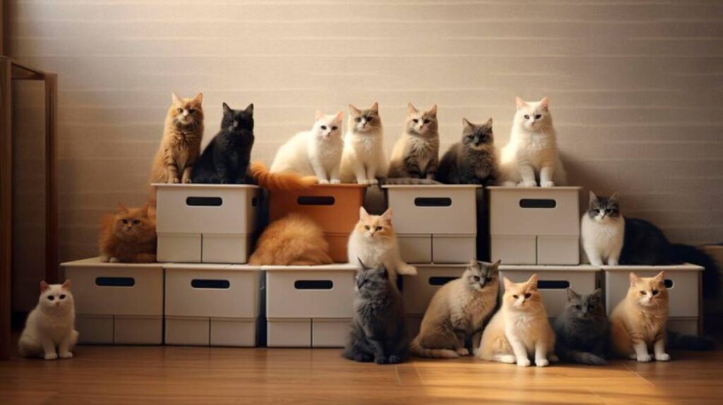 A group of 16 cats of various colors and breeds sitting on white litter boxes against a soft, neutral-toned wall.