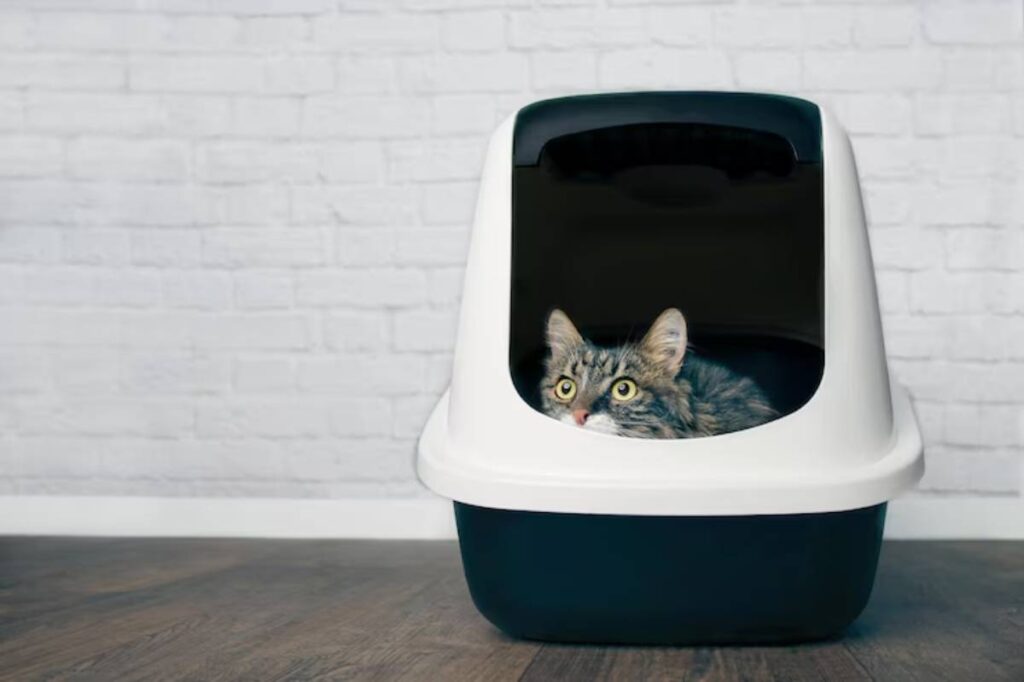 A curious tabby cat peeks out from a modern litter box, set against a white-brick wall and wooden floor.