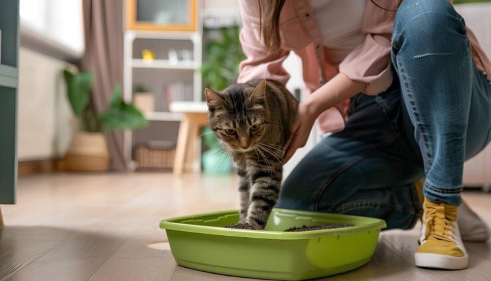 A woman in casual attire watches as her kitten approaches a green litter box in a cozy, well-lit room.