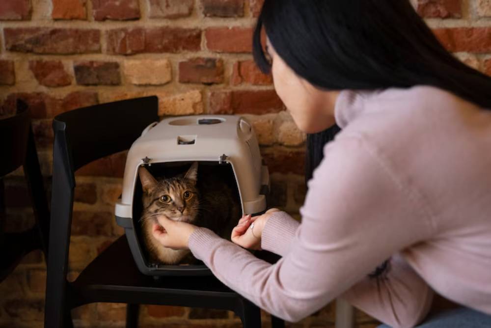 A woman gently interacts with her cat inside a pet carrier, set against a rustic brick wall and wooden chairs.
