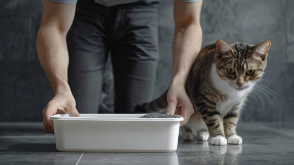 A person is placing a litter box on the floor while a curious tabby cat watches nearby.