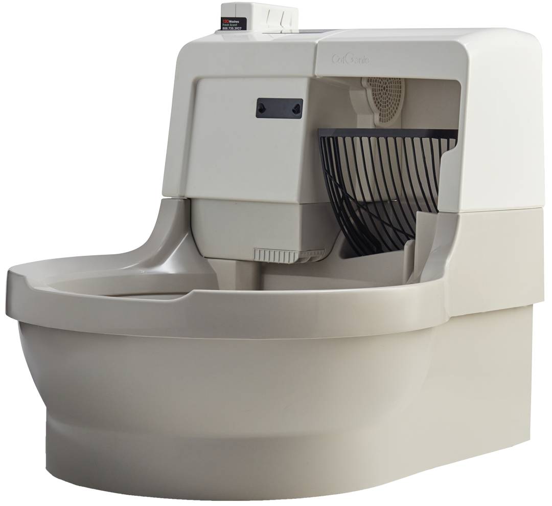 A modern, beige litter box with a unique design, featuring a ventilation fan and a rear waste compartment.