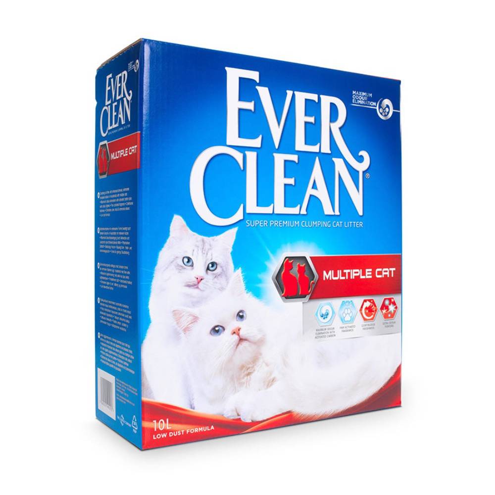 Ever Clean clumping cat litter box featuring two fluffy white cats on the front, labeled for multiple cat households, 10L size.