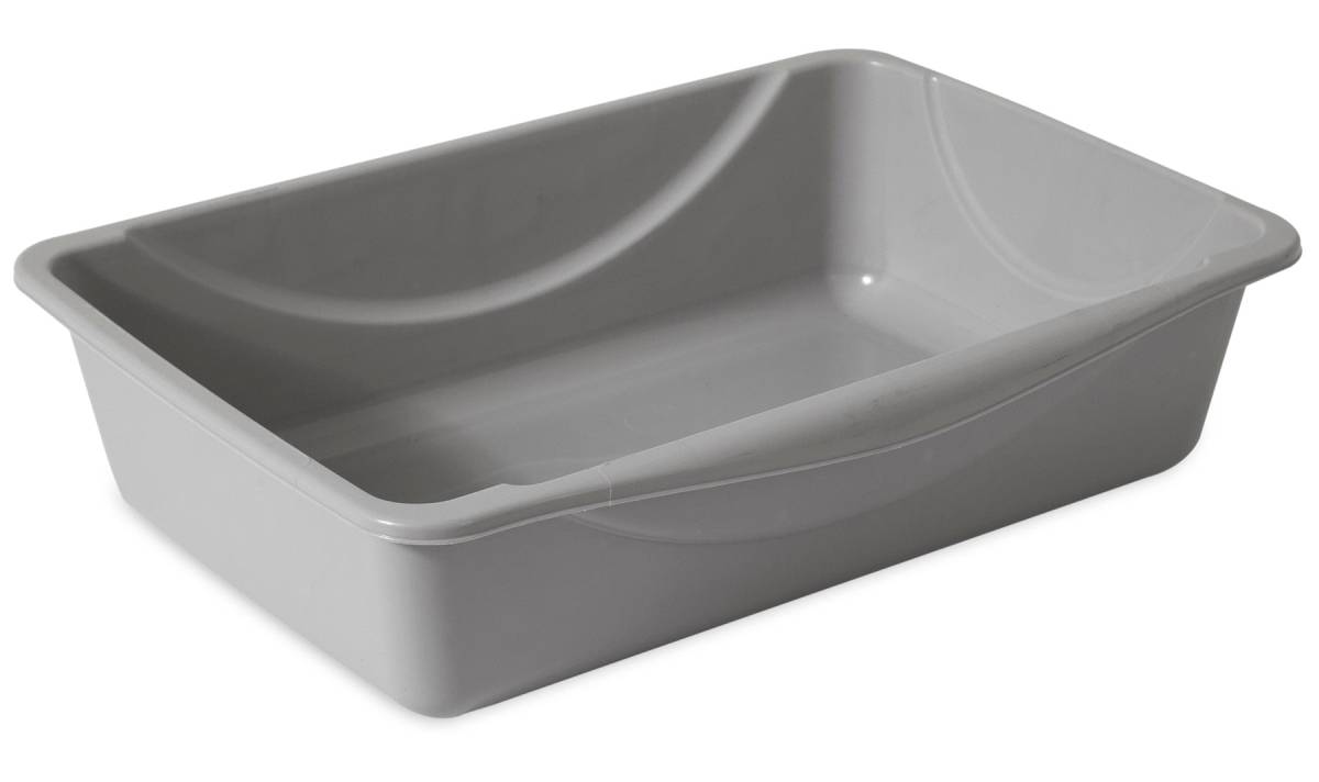 A gray cat litter box with slightly raised edges and rounded corners.