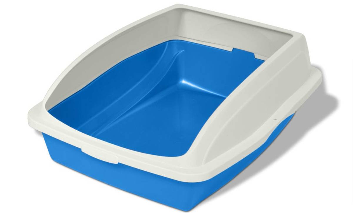 A blue cat litter box with a raised back and low front for easy access, featuring a white rim and a smooth surface.