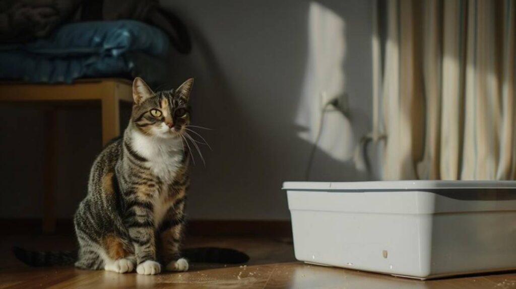 A striped tabby cat sits beside a litter box in a sunlit room, gazing thoughtfully with its tail slightly curled.