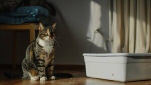 A striped tabby cat sits beside a litter box in a sunlit room, gazing thoughtfully with its tail slightly curled.