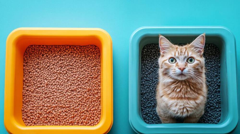 An orange tabby cat sits in a blue litter box, looking curiously at the camera, beside a yellow litter box.