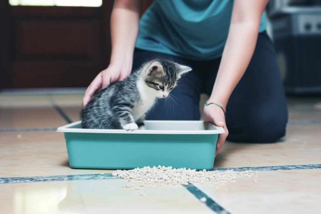 A small gray kitten explores a litter box while a person gently pets it, with litter scattered on the floor nearby.