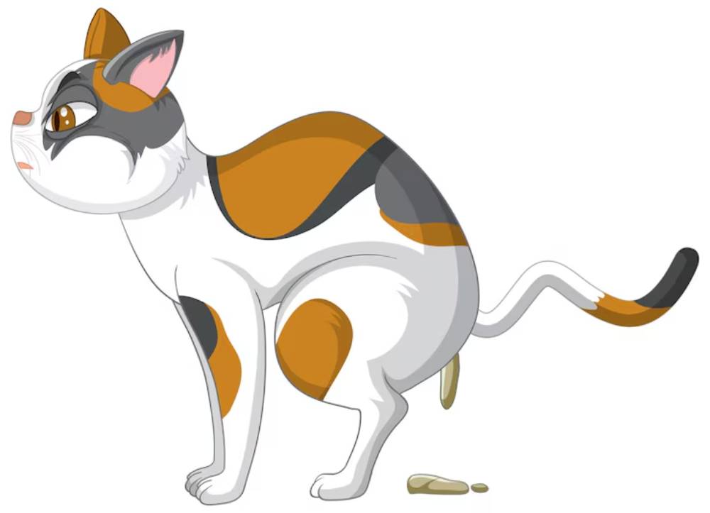 A cartoon-style calico cat peeing, looking back with a concerned expression, showcasing its colorful fur pattern.