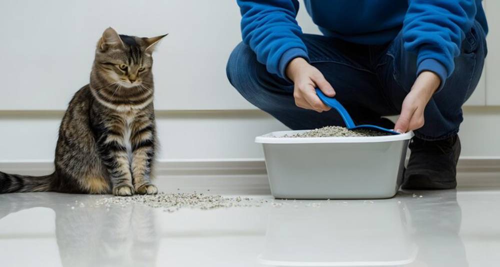 A person in a blue sweater scoops cat litter while a curious tabby cat watches, sitting next to a litter box on a glossy floor.