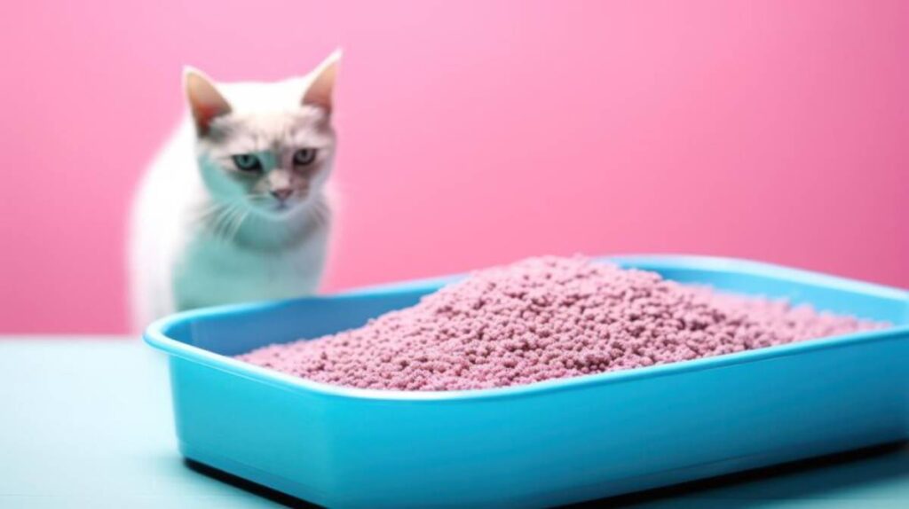 A fluffy white cat stands near a light blue litter box filled with pink litter, set against a vibrant pink background.
