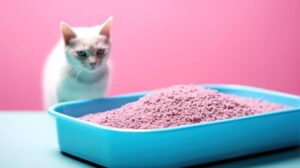 A fluffy white cat stands near a light blue litter box filled with pink litter, set against a vibrant pink background.
