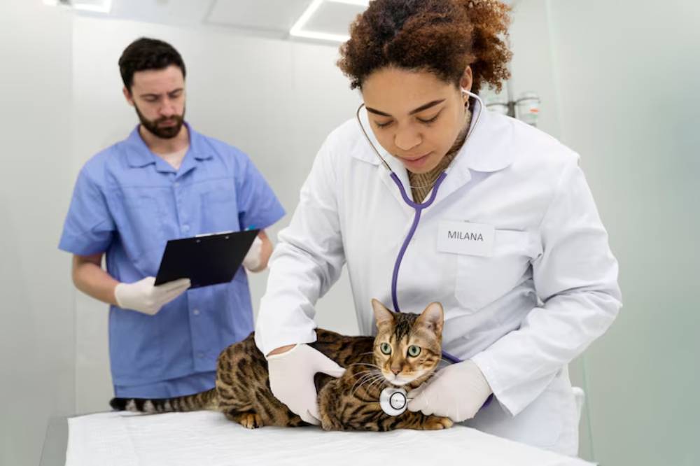 A veterinarian examines a cat, wearing a stethoscope, in a bright animal clinic with a male assistant nearby.