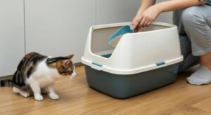 A person scoops cat litter from a box while a curious cat watches nearby, set in a cozy indoor environment.