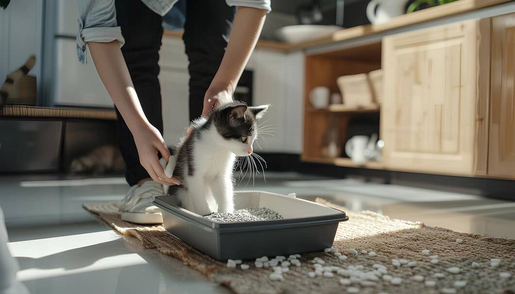 A person gently places a playful black and white kitten in a litter box, set in a bright kitchen with wooden cabinets.
