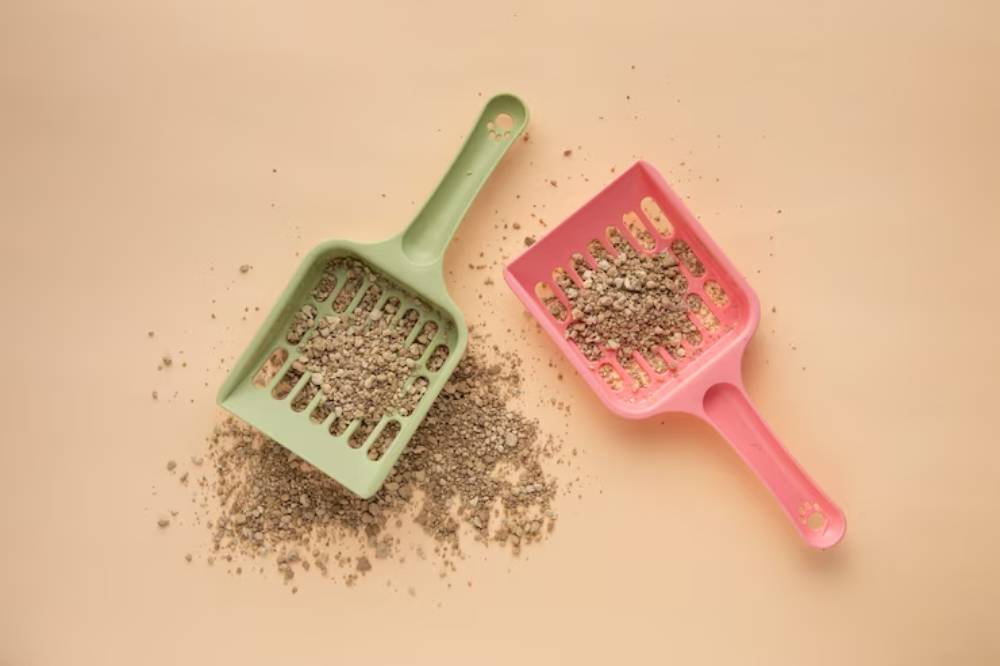 Two colorful cat litter scoops, one green and one pink, are placed on a light background, each holding some litter.