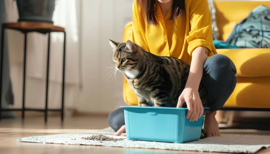 A person in a yellow shirt gently places a tabby cat in a blue litter box on a rug in a sunny, apartment.