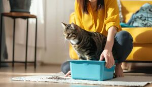 A person in a yellow shirt gently places a tabby cat in a blue litter box on a rug in a sunny, apartment.