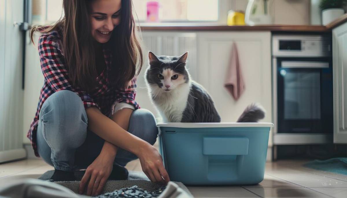 A person squats beside a blue cat litter box, while a gray and white cat curiously watches in a cozy kitchen setting.