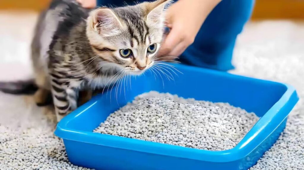A curious tabby kitten inspects a blue litter box filled with litter, while a person's hand is seen in the background.