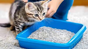 A curious tabby kitten inspects a blue litter box filled with litter, while a person's hand is seen in the background.