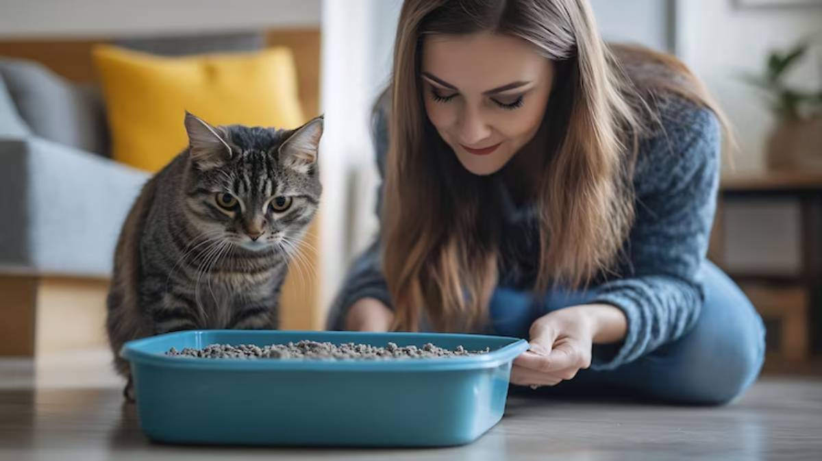 A person kneels beside a blue litter box, while a curious tabby cat looks closely at its contents in a cozy living room setting.
