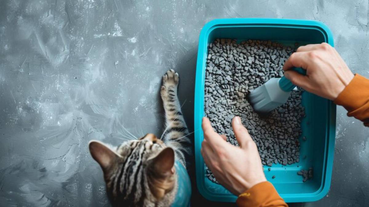 A person scoops cat litter from a blue tray while a curious cat watches from the side, on a textured gray surface.
