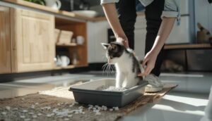 A person gently places a kitten in a litter box in a sunlit kitchen, surrounded by wooden cabinets and a woven rug.