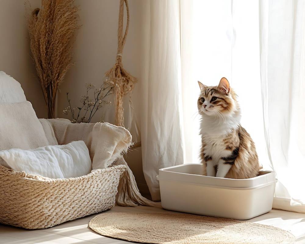 A fluffy, cream and orange cat sits in a modern white litter box by a sunlit window, with soft furnishings and decor in a serene setting.