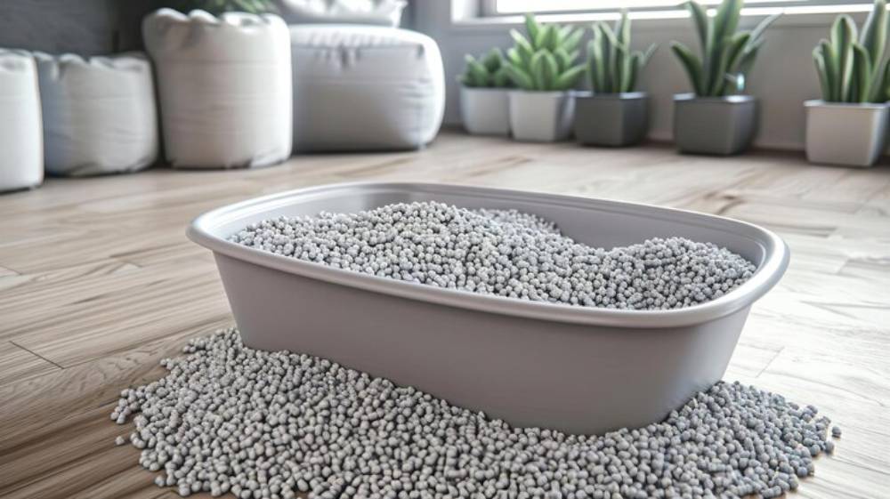 A  gray litter box overflows with white cat litter, surrounded by potted plants and a cozy indoor setting.