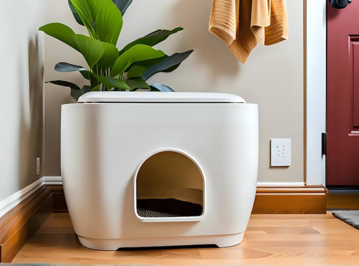 A sleek white cat litter box with an entry hole, placed near a green plant and a red door in a cozy indoor setting.