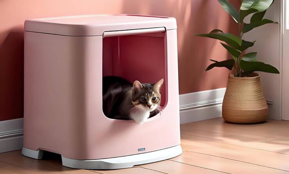 A playful cat peeks out from a pink litter box, nestled in a cozy room beside a potted plant. Warm lighting enhances the scene.