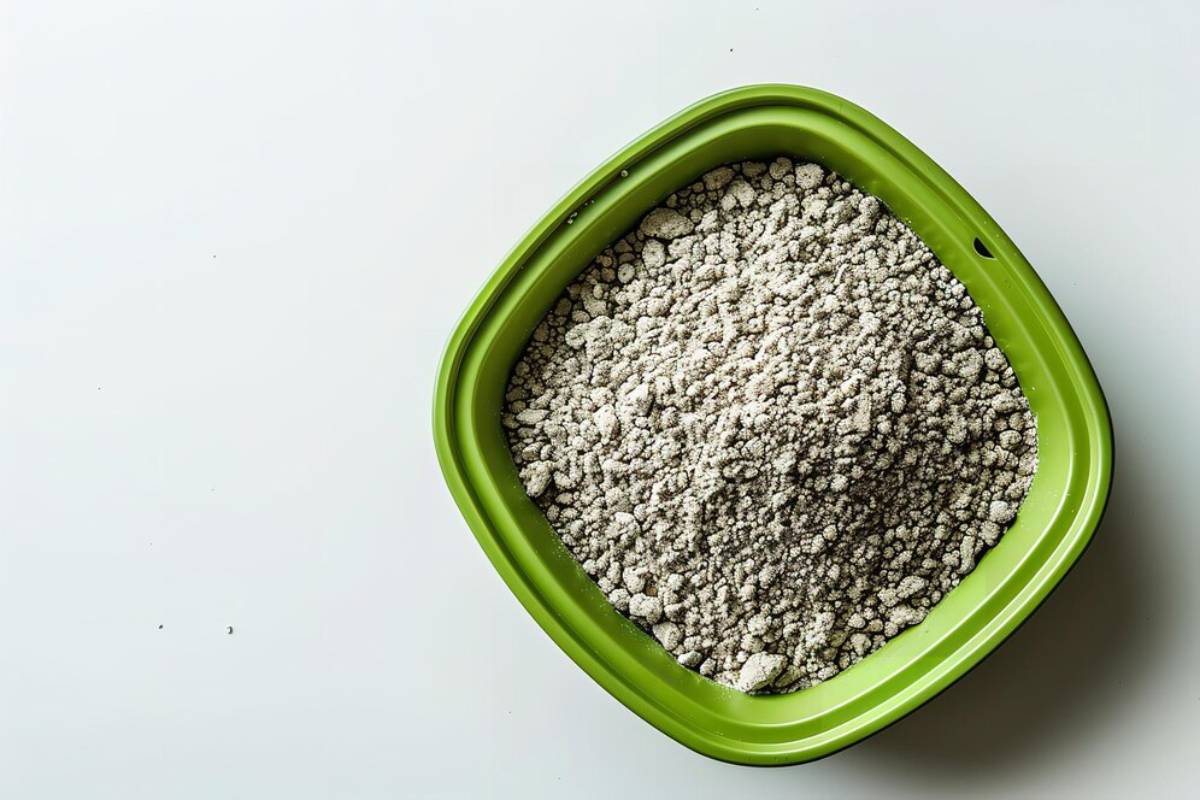 A top-down view of a green square container filled with light gray litter, placed on a white surface.