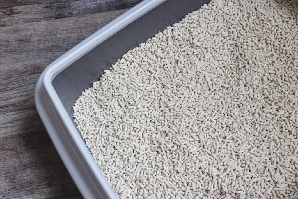 A close-up of a white pet litter inside a clean, rectangular tray, set against a wooden surface.