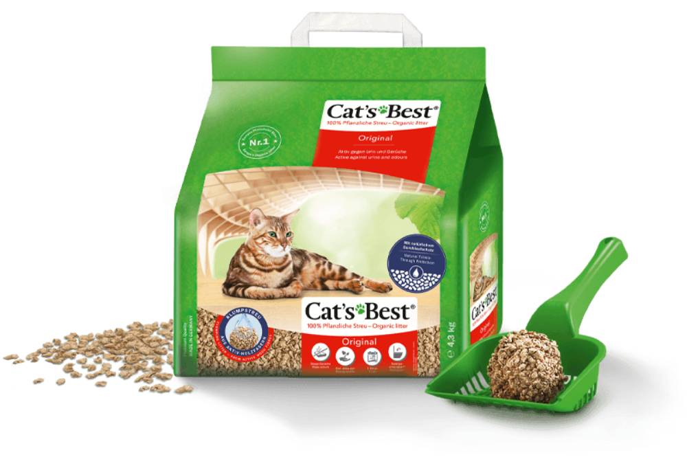 A green package of Cat's Best organic cat litter, featuring a cat on the front, next to a scoop and scattered litter.