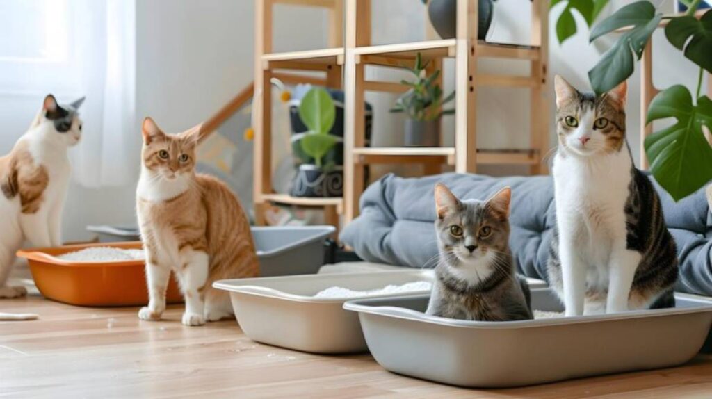 Four cats in a cozy indoor setting; two are using litter boxes, while two others watch curiously. Green plants and soft furnishings are nearby.