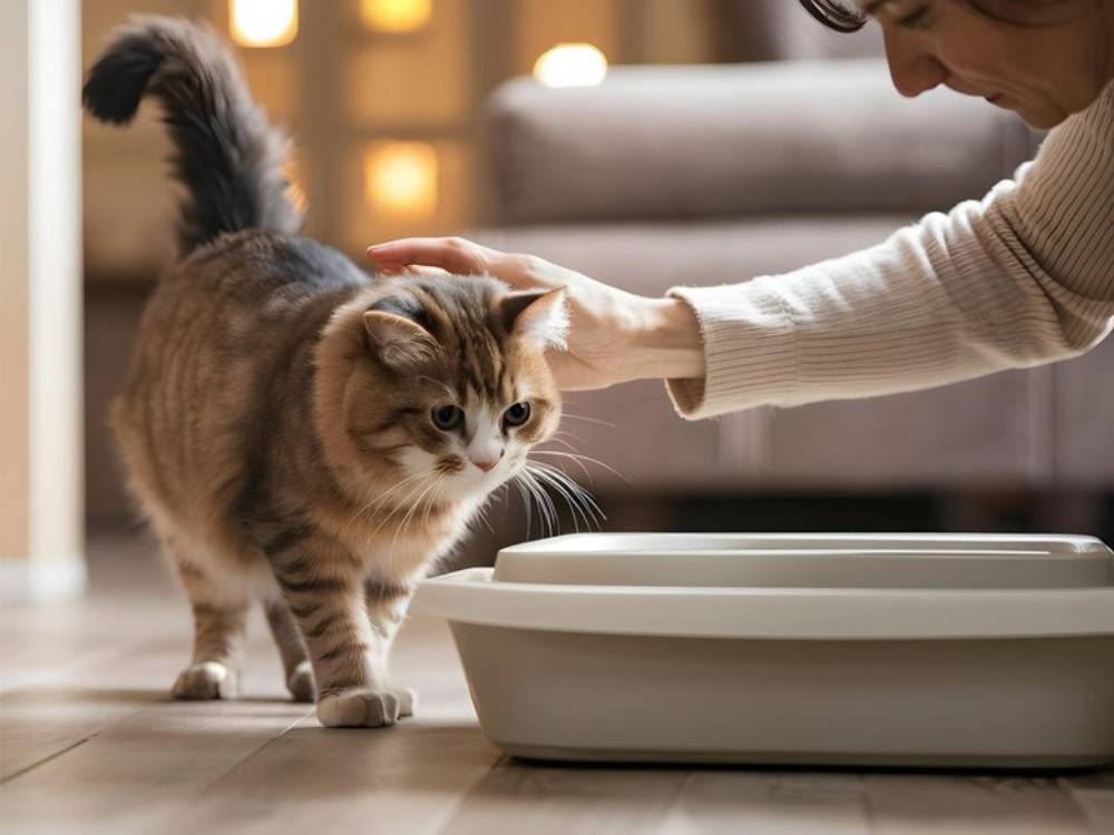 A curious cat approaches a litter box while a hand reaches out to gently pet it, set in a cozy indoor environment.