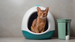 A sleek, modern cat litter box with an orange cat sitting inside, next to a green waste bin on a neutral background.