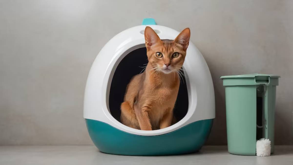 A sleek, modern cat litter box with an orange cat sitting inside, next to a green waste bin on a neutral background.