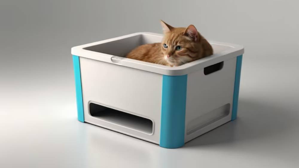 A playful ginger cat lounges in a modern, light blue and white litter box, looking curiously at the viewer.