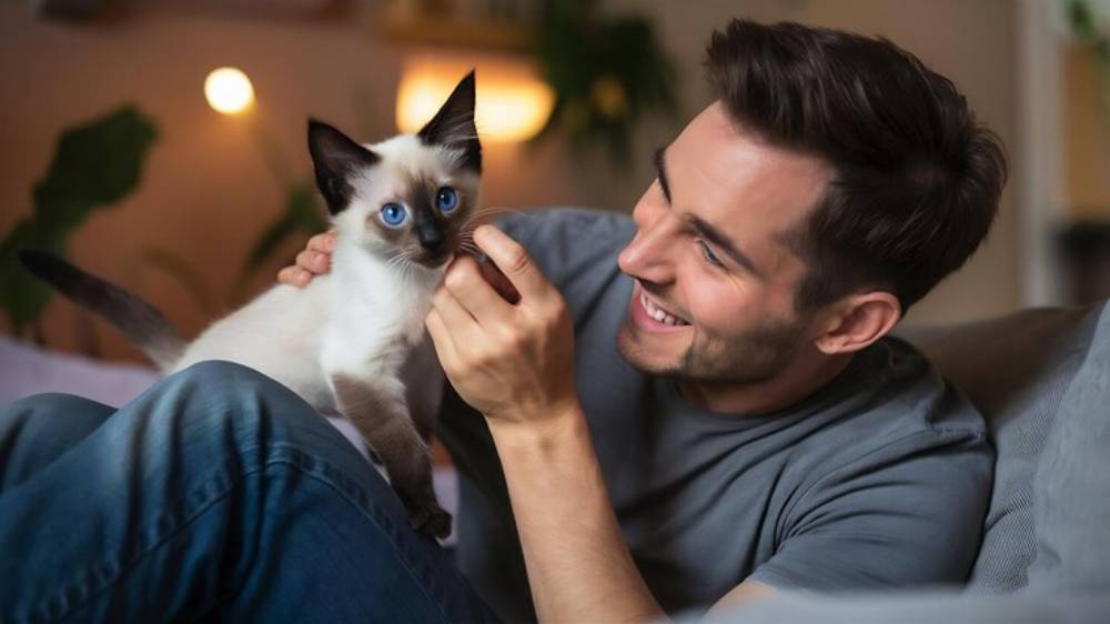 A person sits on a couch, gently interacting with a playful Siamese kitten, showcasing a warm and affectionate moment.