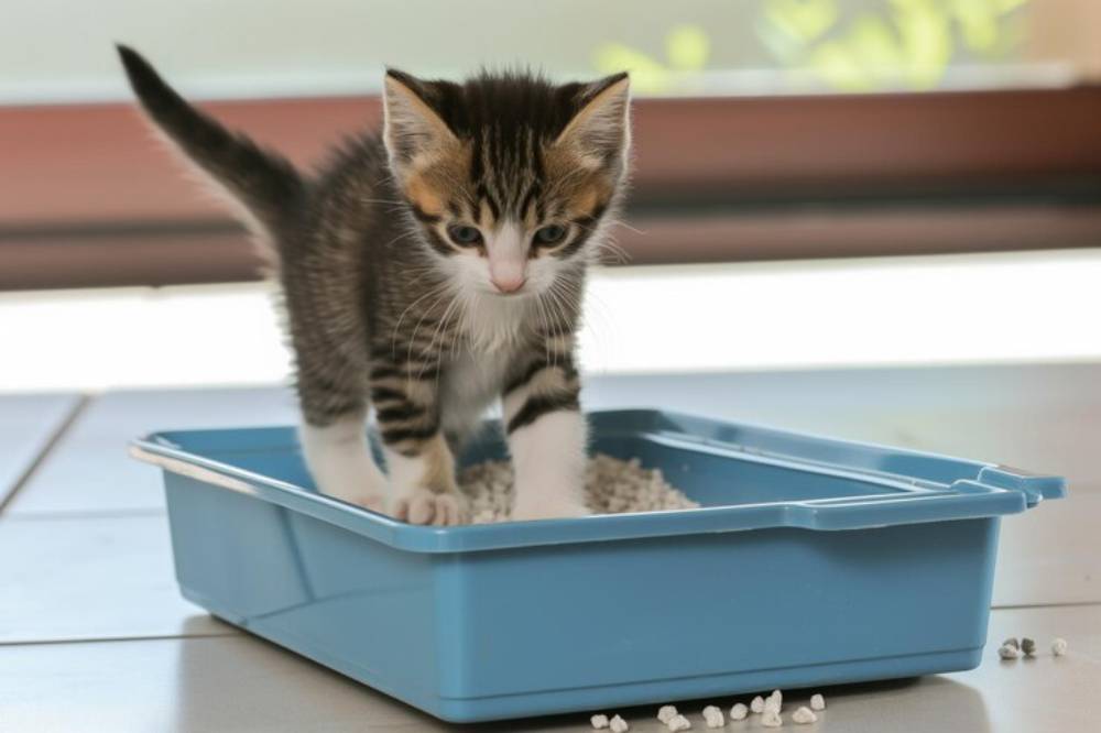 A playful tabby kitten standing in a blue litter box, curiously exploring the litter with its paws.
