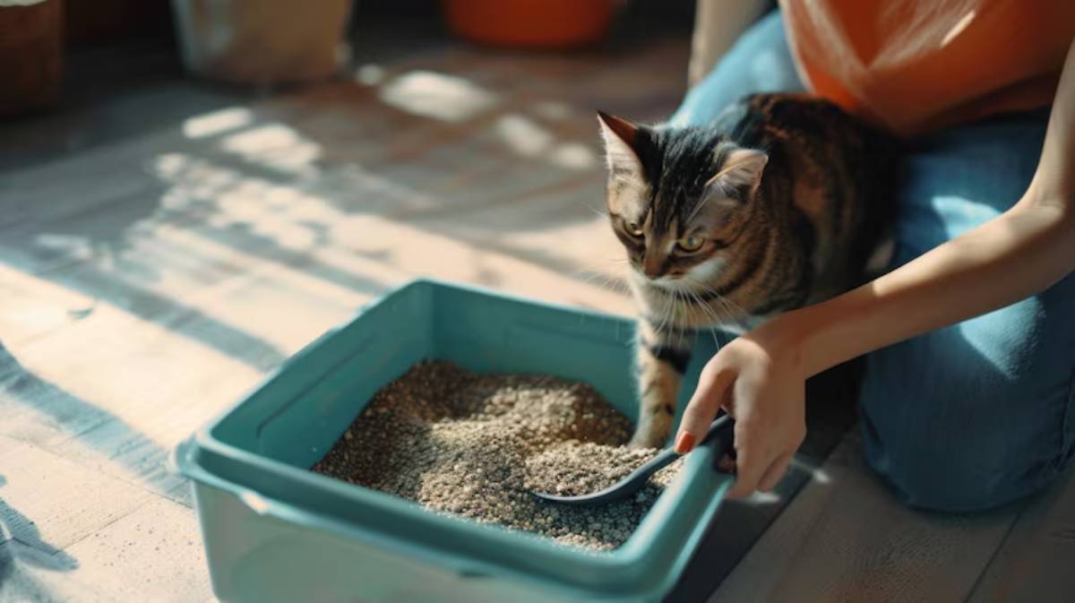 A person scoops cat litter with a spoon while a curious cat watches, in a sunlit indoor space.